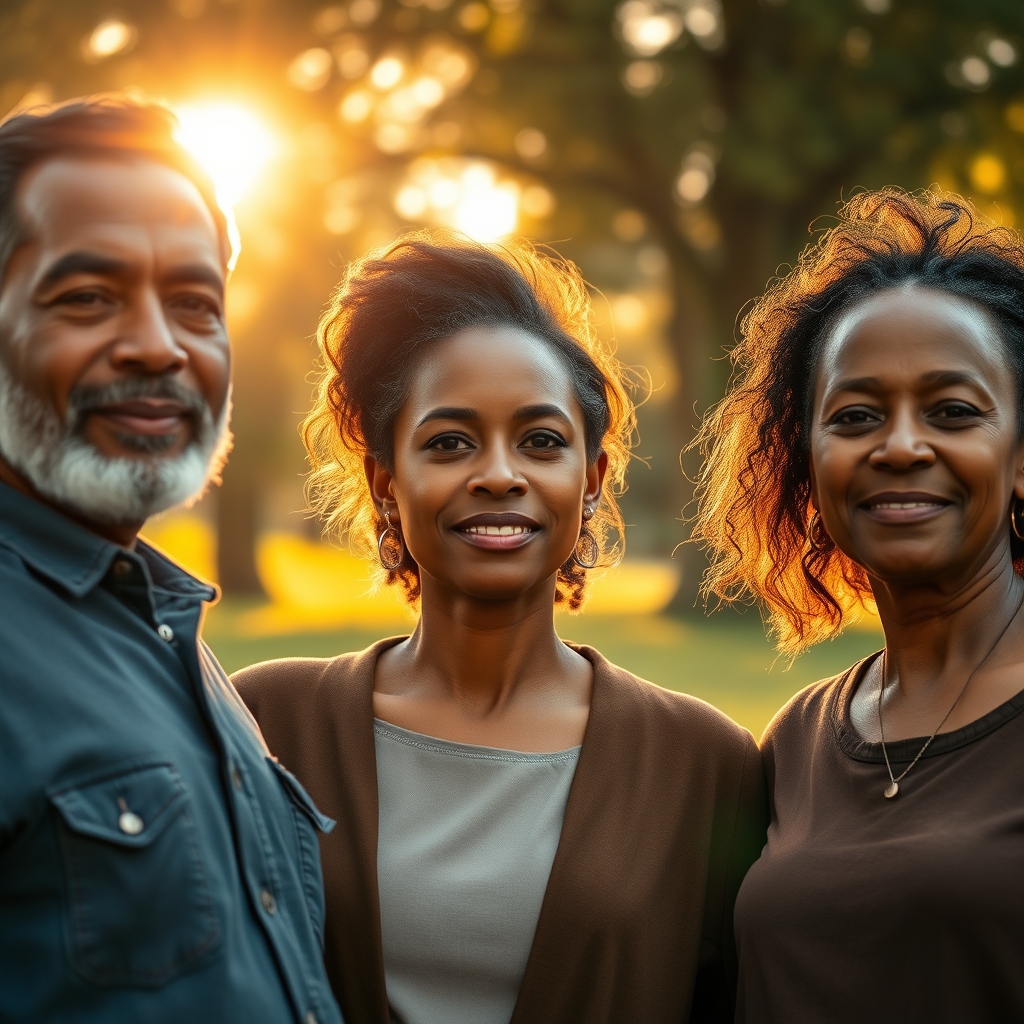 Three diverse adults standing together outdoors in golden hour light, expressing peace and hope on their faces.