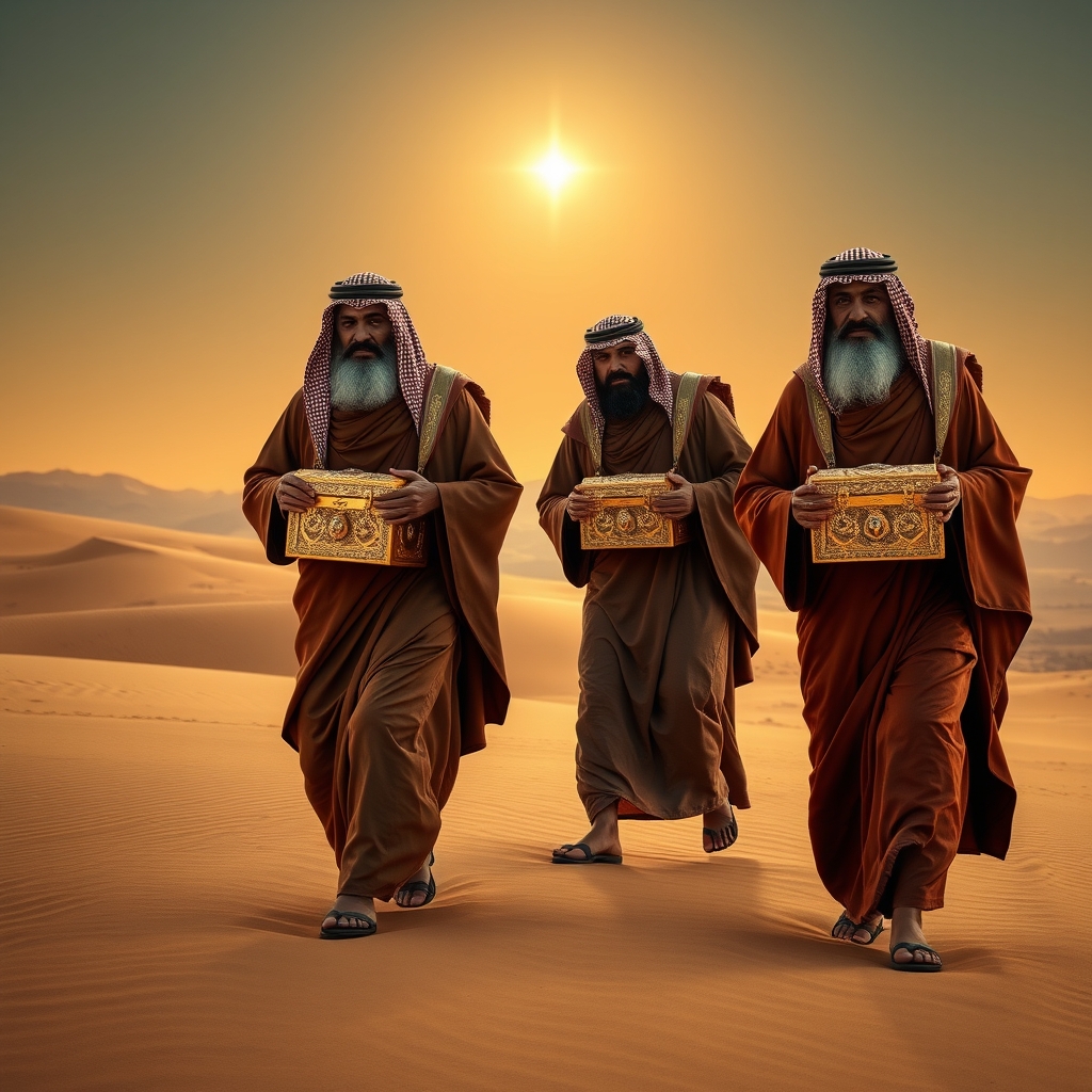 Three Middle Eastern men in traditional robes walking through a desert at dusk with a bright star in the sky