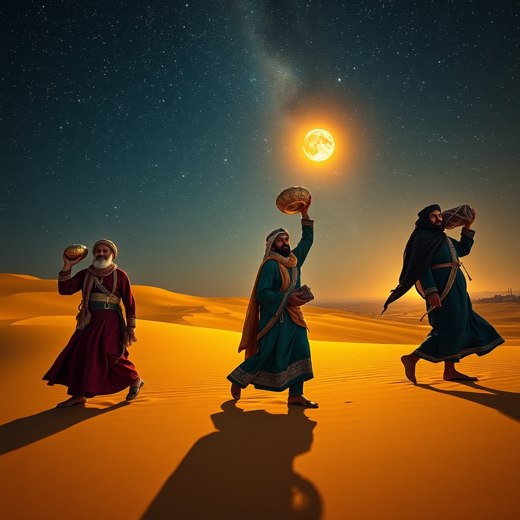 Three Middle Eastern wise men in ornate traditional robes walking through a desert at night, following a brilliant star in the sky, carrying gifts, with a distant town illuminated below the star, photorealistic professional photography