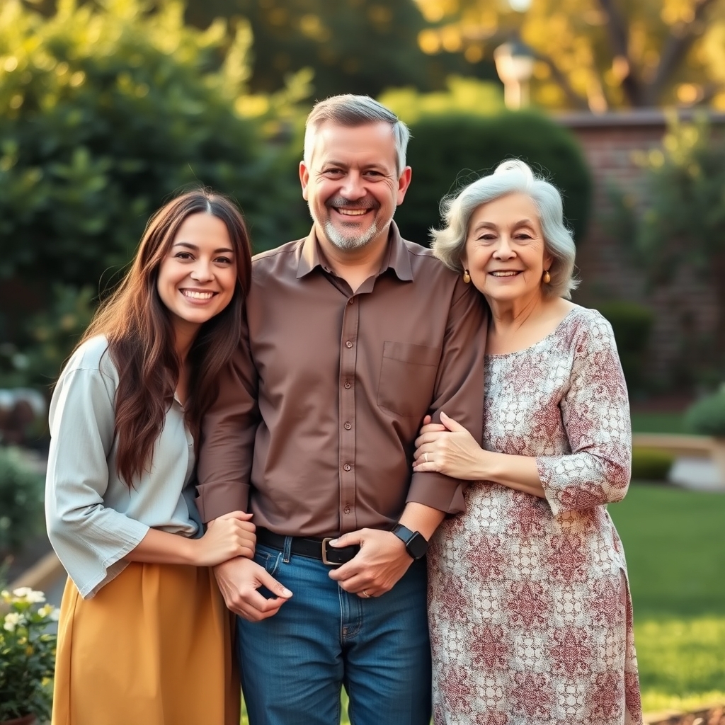 Three people of different ages smiling joyfully together in a garden, linking arms in a warm afternoon setting.