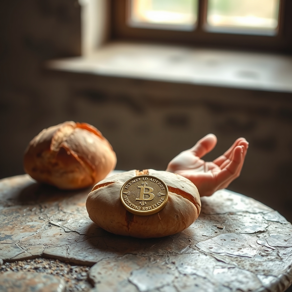 Three symbolic objects — a round loaf of bread, a gold coin, and open hands — arranged on a stone surface in soft natural light.