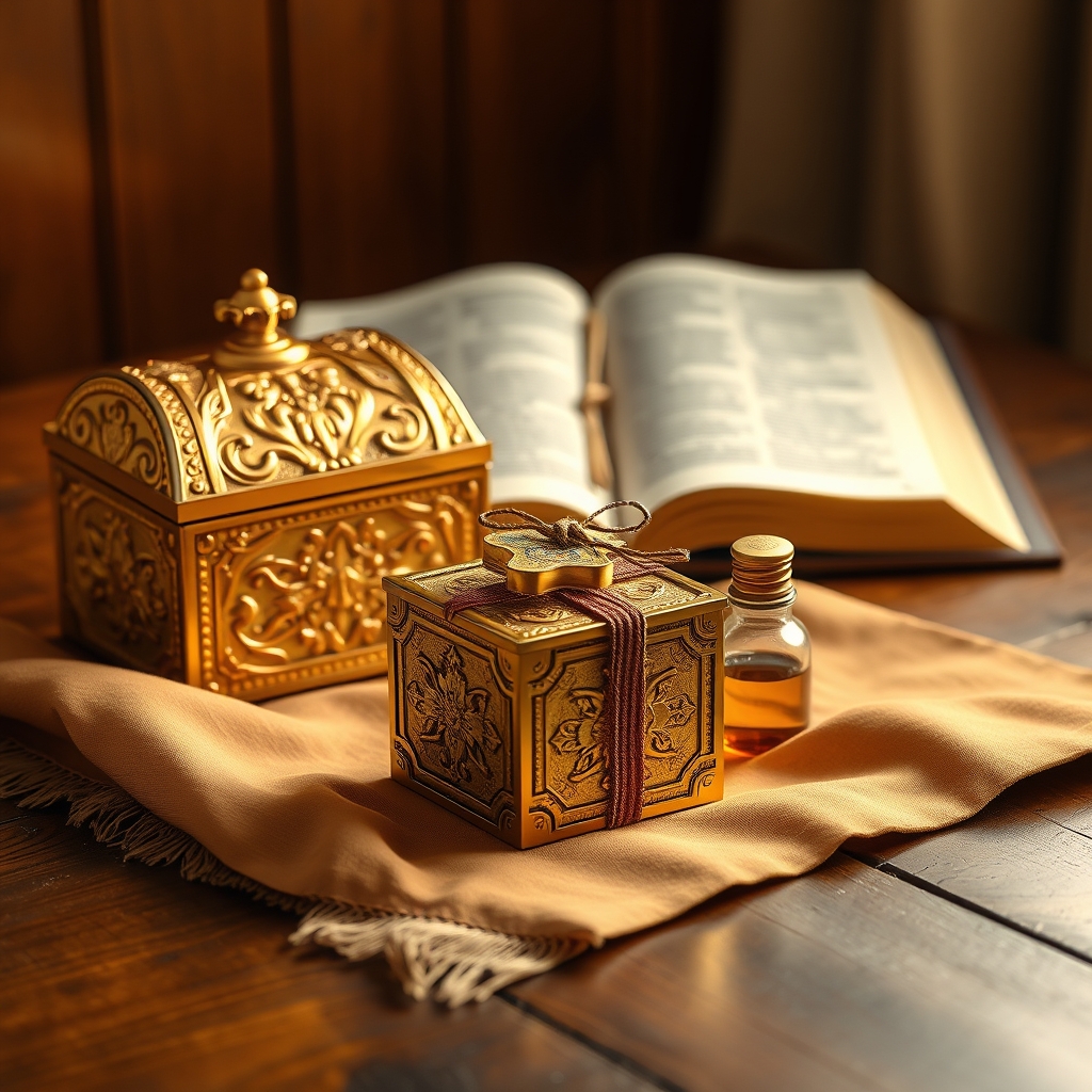 Three traditional gifts - gold, frankincense, and myrrh - arranged on a wooden table with a Bible in the background