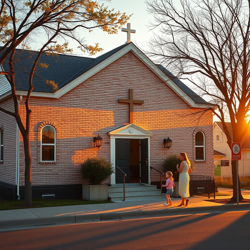 Traditional Christian church exterior at golden hour with a cross visible on the building