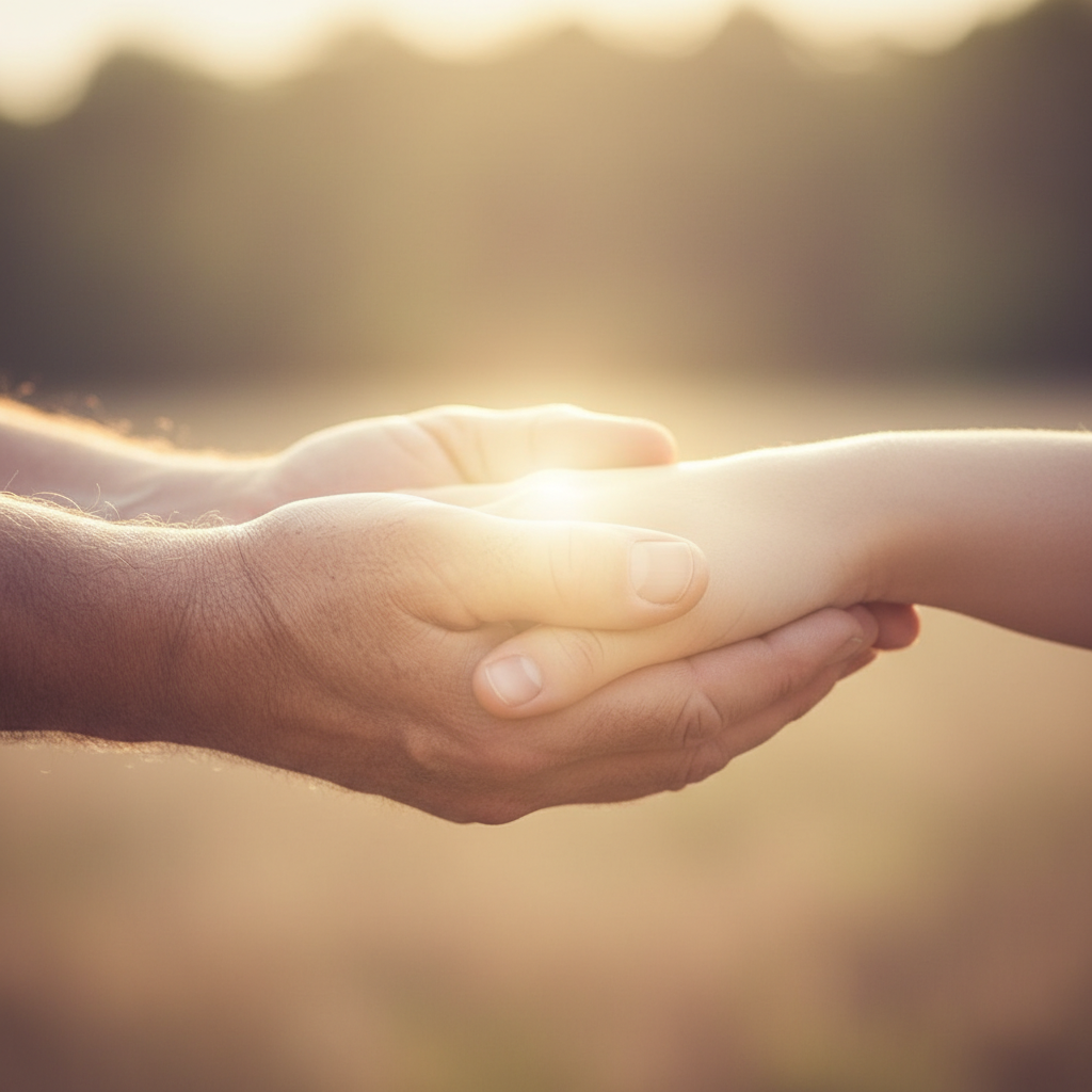 Two hands gently clasped together, symbolizing divine support, guidance, and compassion.