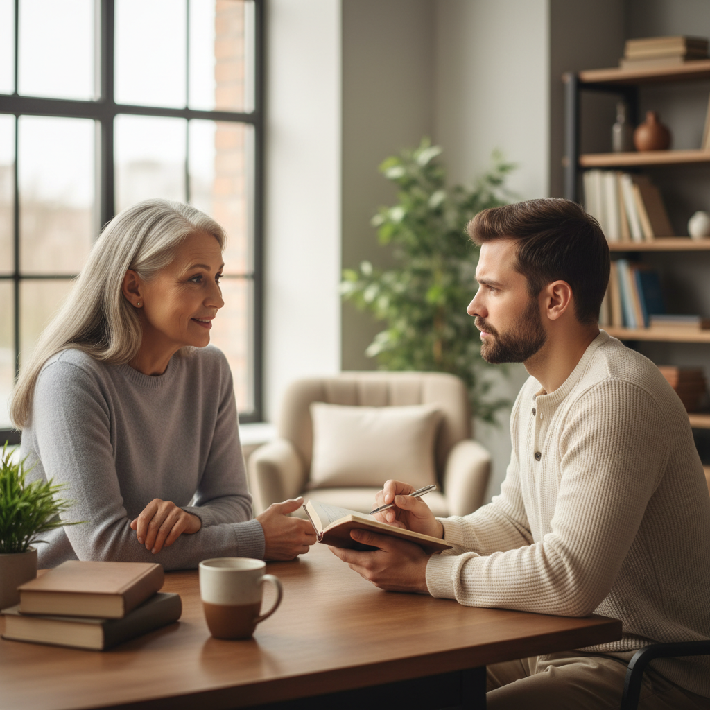 Two people engaged in a thoughtful spiritual discussion, one listening intently to the other.