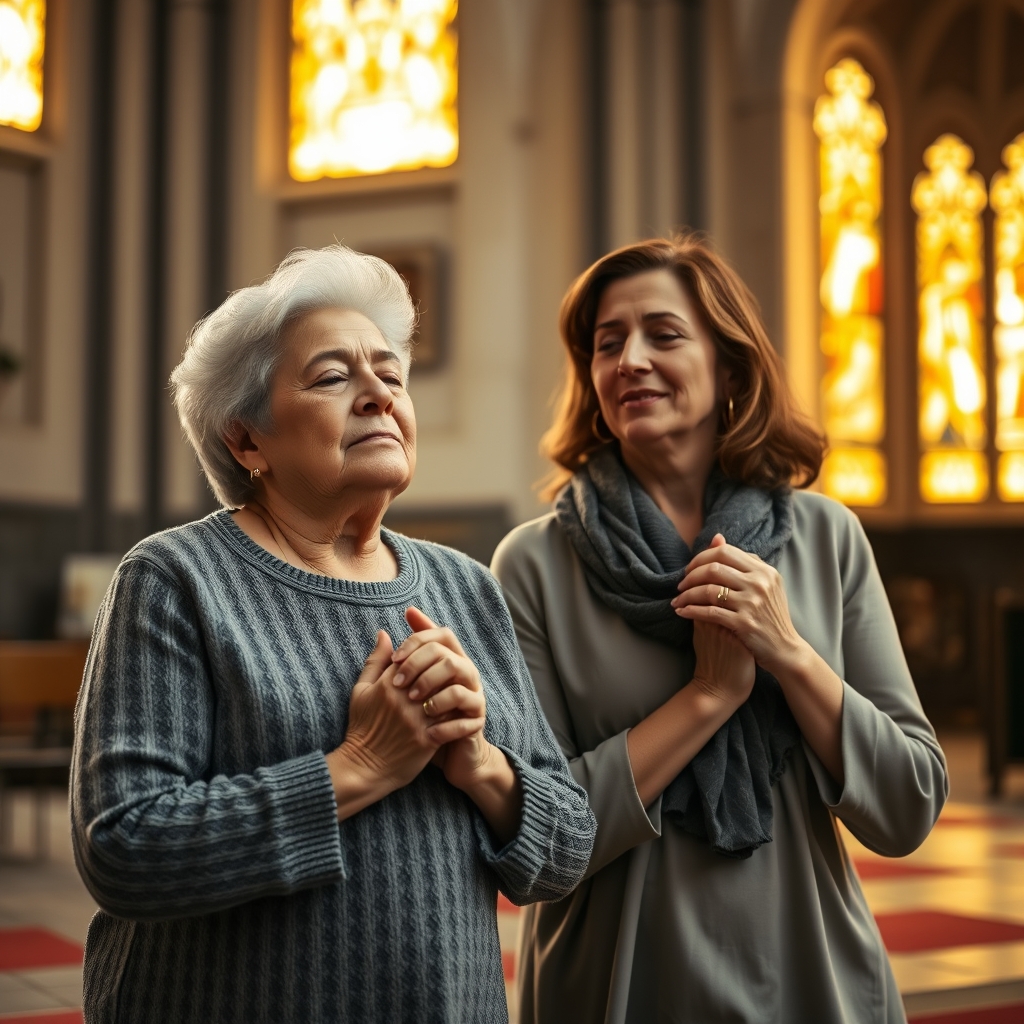 Two women praying together in a cathedral with stained glass