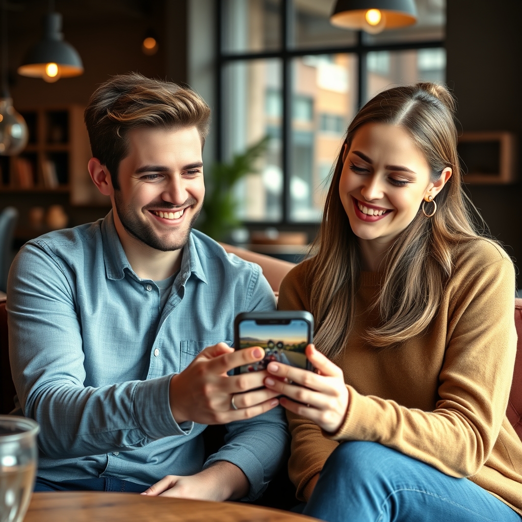 Two young adults looking at a phone together in a cozy coffee shop, sharing a moment of spiritual inspiration from social media.