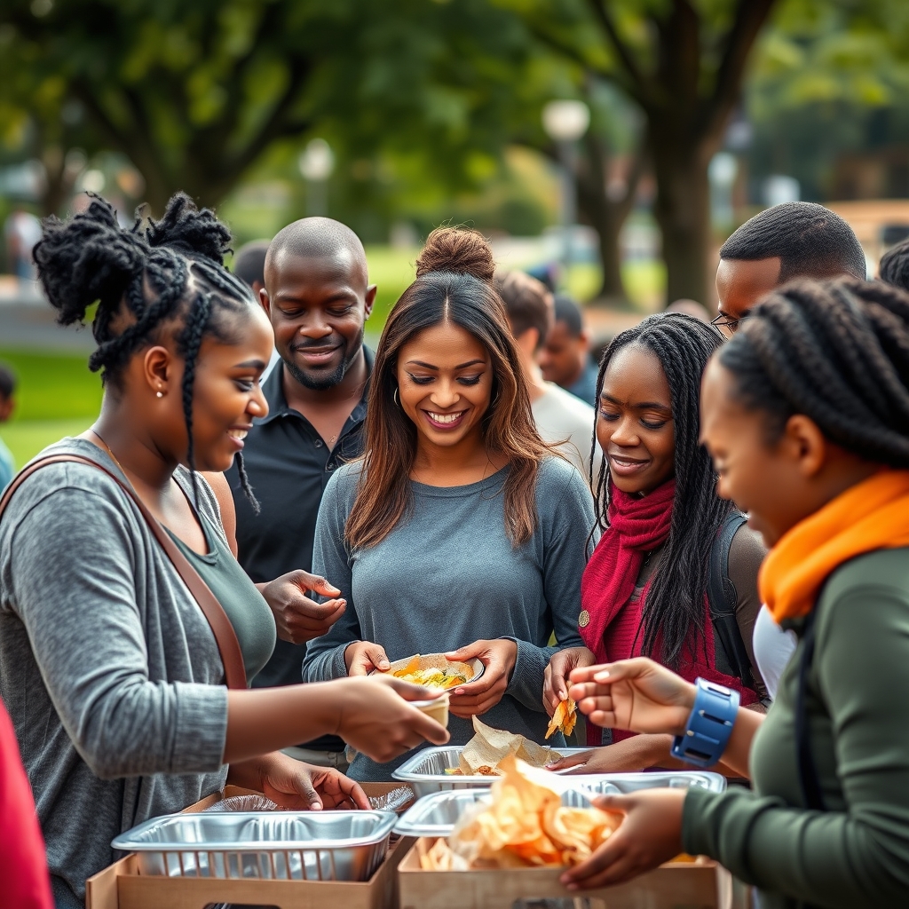 Volunteers serving food to people in a community park under natural light.