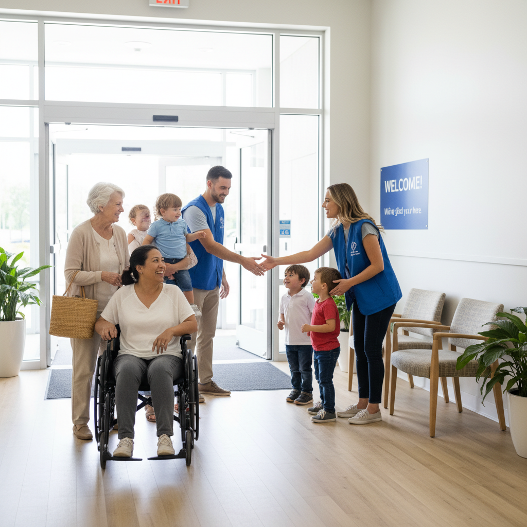 Volunteers warmly welcoming diverse guests, including elderly and disabled individuals, into a community center.