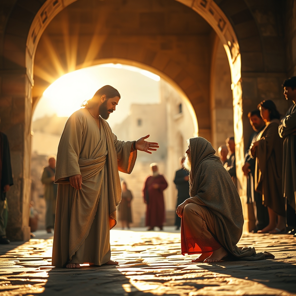 Warm golden light streams through stone archway as Jesus reaches compassionate hand toward humble beggar kneeling, surrounded by onlookers in layered village background, captured on Canon EOS R5 with natural sunlight