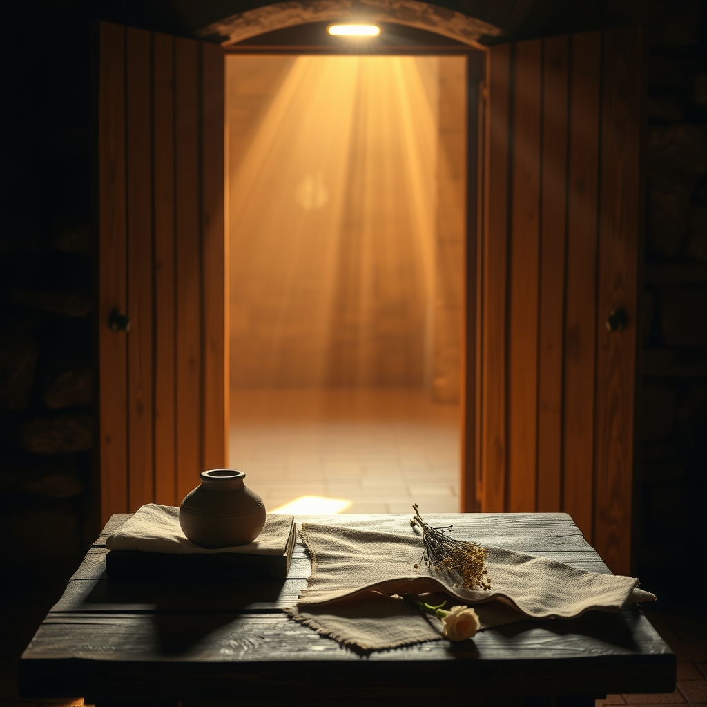 Warmly lit ancient wooden doors opening to reveal soft golden light from within, symbolizing Jesus' appearance to His disciples in a locked room, with simple artifacts on a stone table below.