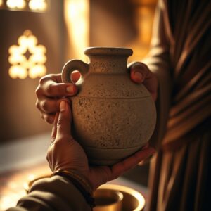 Weathered hands carefully handling a large, ancient stone water jar in a warm, softly lit Middle Eastern-style setting, with a contemplative and sacred atmosphere suggesting the moment before the miracle of turning water into wine.