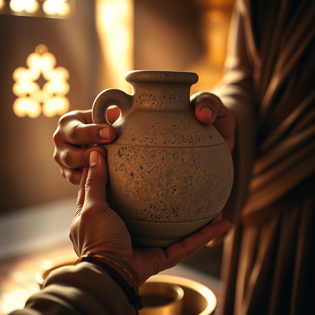 Weathered hands carefully handling a large, ancient stone water jar in a warm, softly lit Middle Eastern-style setting, with a contemplative and sacred atmosphere suggesting the moment before the miracle of turning water into wine.