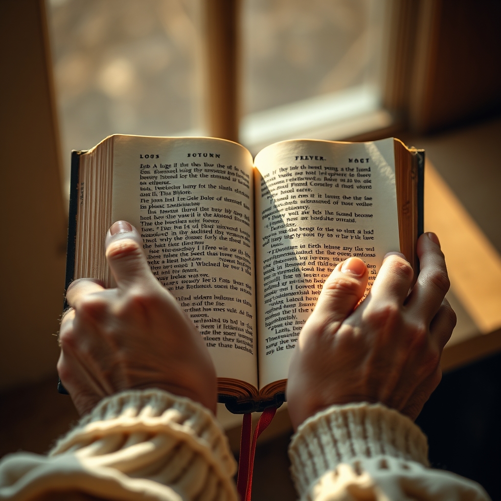 Weathered hands holding an open Bible with soft golden light illuminating the ancient pages.