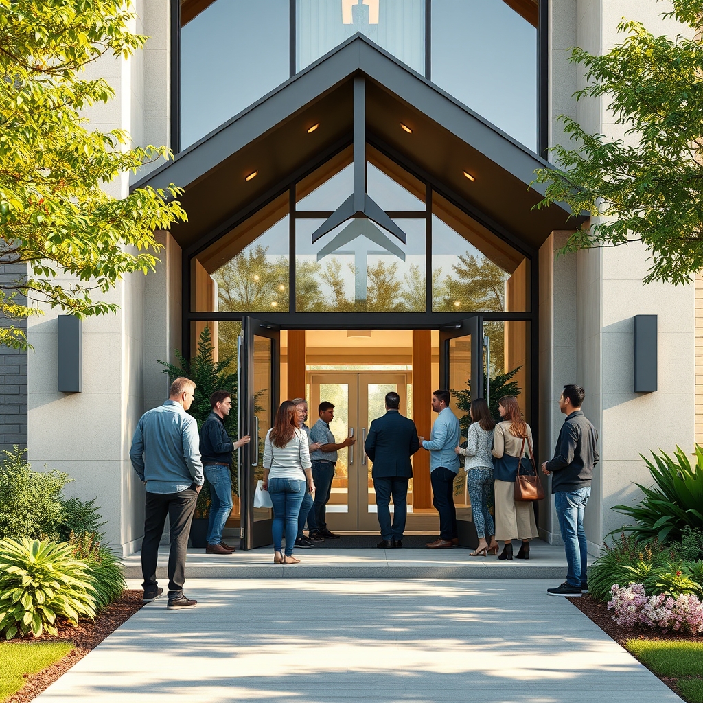 Welcoming modern church entrance with people greeting each other in natural daylight.