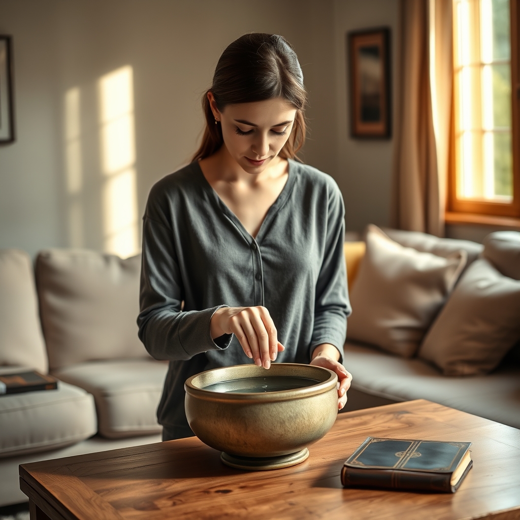 Woman gently dipping fingers in basin of water beside leather Bible in living room, expression of devotion, natural light, photorealistic professional photography.