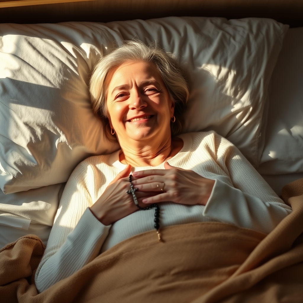 Woman peacefully resting with rosary in bed