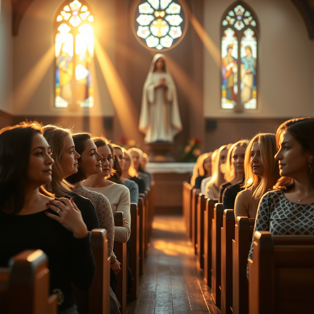Woman praying in a reverent Catholic church, with a statue of St. Therese of Lisieux on the altar.