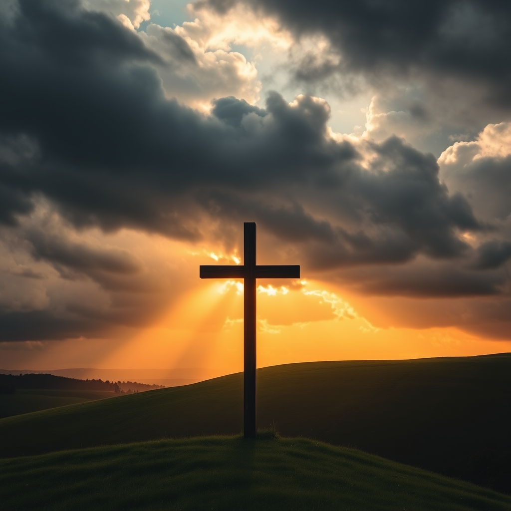 Wooden cross silhouetted against a dramatic sunrise breaking through storm clouds over a green hillside.