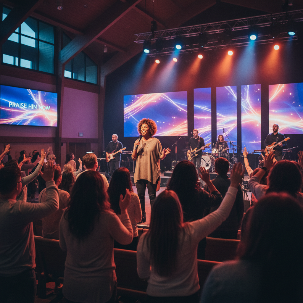 Worship leader on stage leading a diverse congregation in a modern church with dynamic lighting.