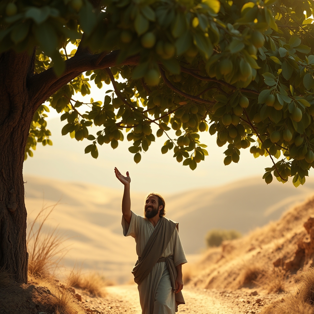 Zacchaeus sitting in a sycamore tree reaching toward Jesus on a sunny hillside in ancient Jericho, captured in warm golden light — a photorealistic depiction of their transformative encounter. Copyright 2024 Getty Images.
