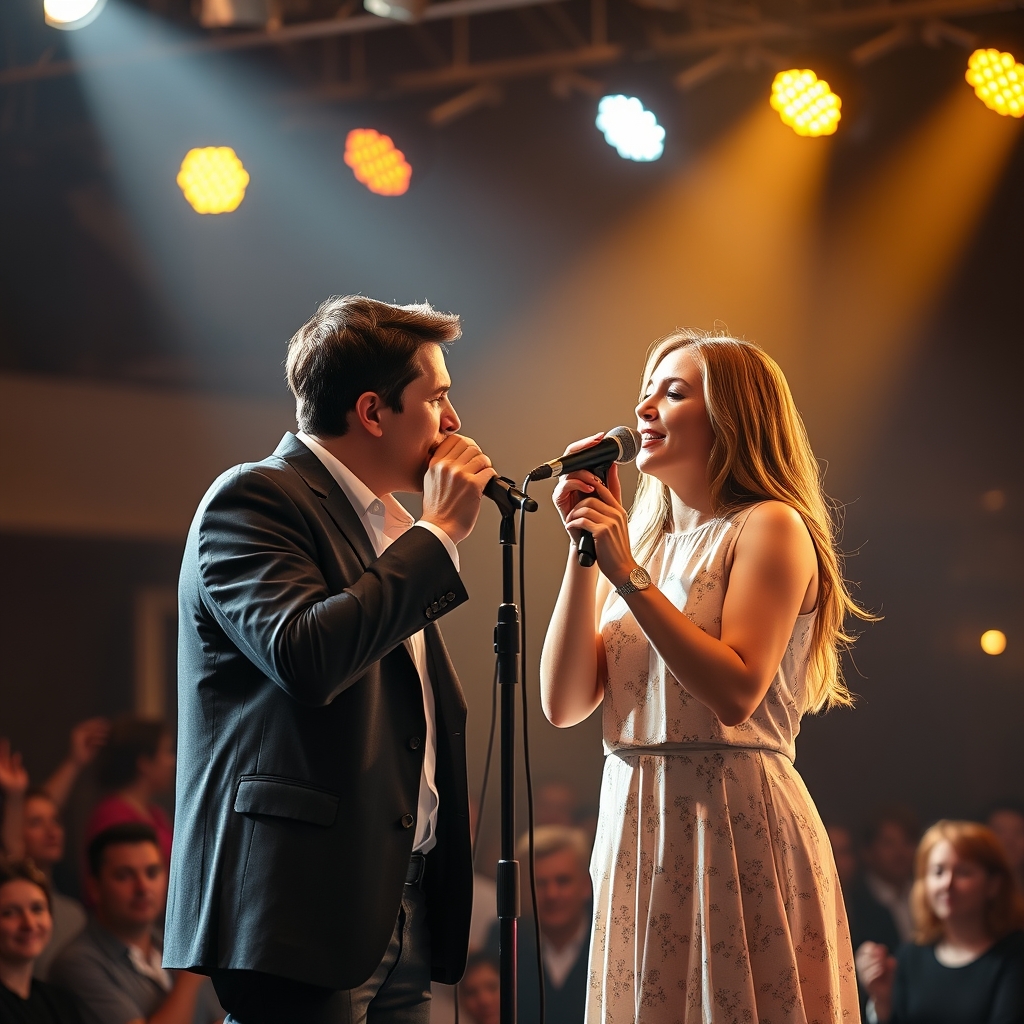 Zach Williams and Dolly Parton performing together on stage under warm stage lights with an audience in the background