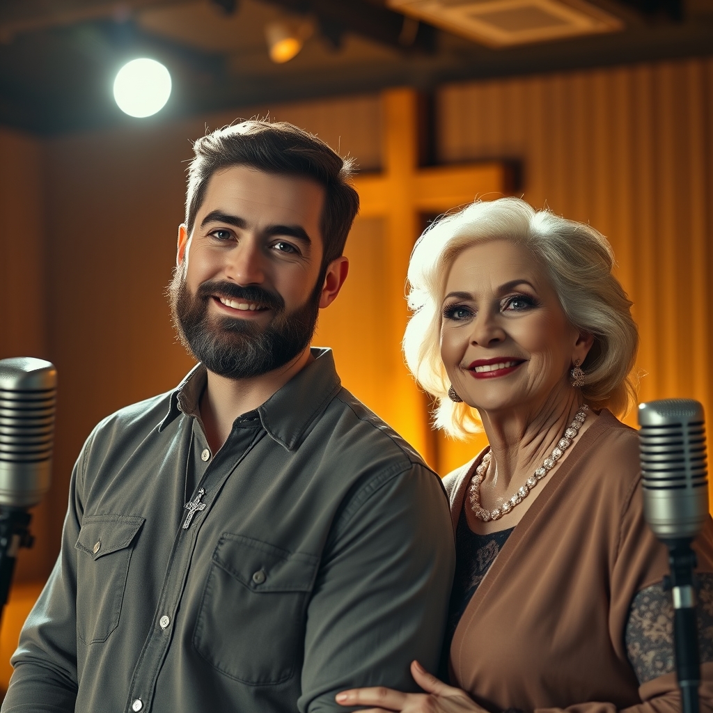 Zach Williams and Dolly Parton standing together in a warmly lit recording studio, wearing casual and elegant attire with visible cross necklaces, smiling sincerely with a wooden cross in the background, conveying faith, compassion, and unity in a professional photography style.