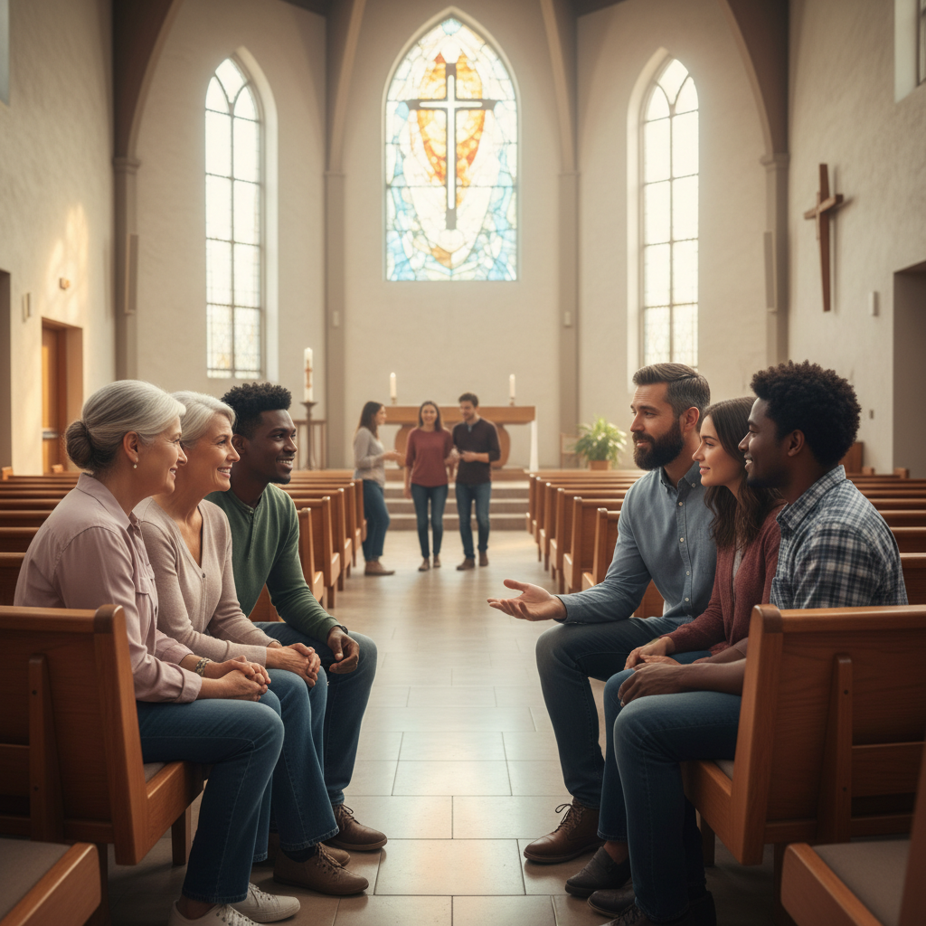 A a diverse group of people in a church setting, engaged in a warm and compassionate conversation.