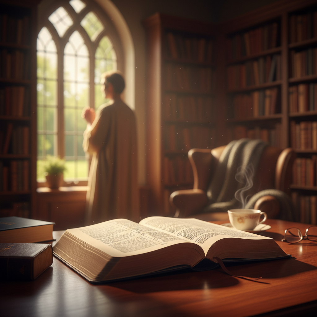 A an open Bible on a wooden table in a warmly lit study, with soft light and a contemplative atmosphere.