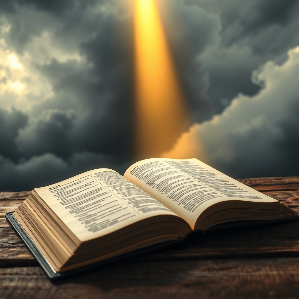 A beam of golden light illuminates an open Bible on a wooden surface, symbolizing the revelation of God's righteousness through faith, as described in Romans 3:21-26.