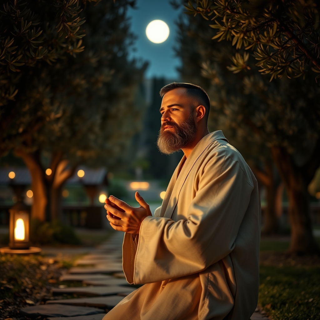 A bearded man in a linen robe praying in a moonlit olive grove, hands clasped, face softly lit by lantern light.