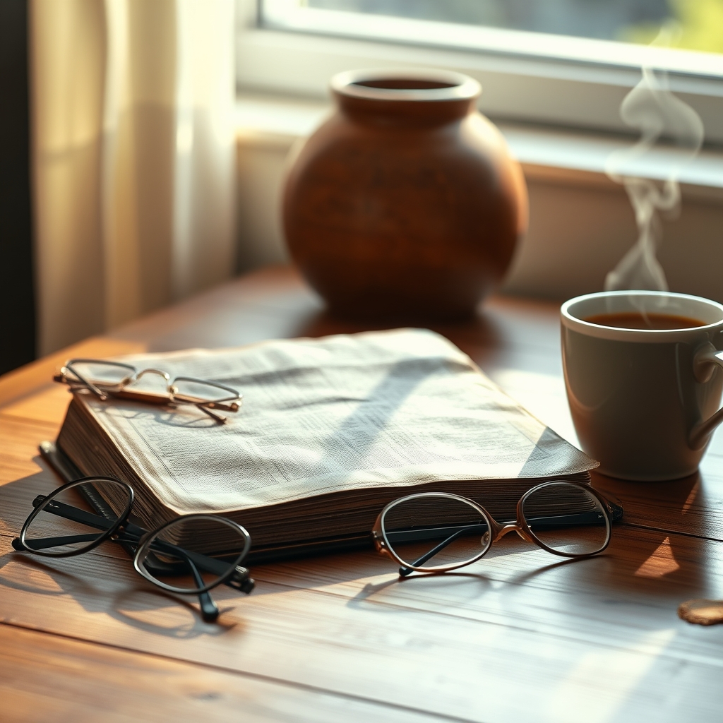 A Bible on a wooden desk with reading glasses and coffee, symbolizing study and reverence for Scripture.