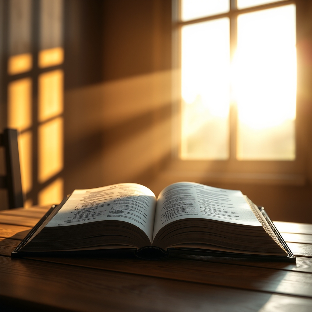 A Bible opened to a passage with sunlight illuminating the pages on a wooden table.