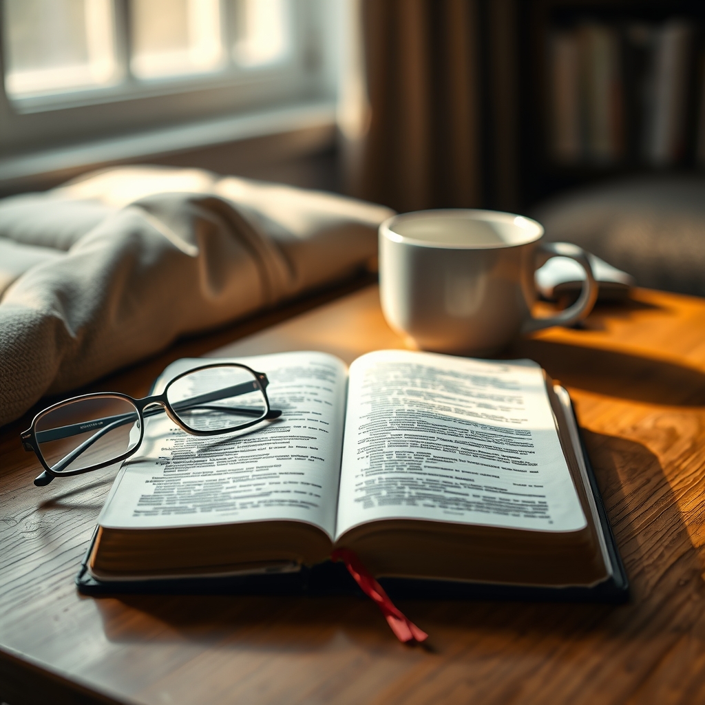 A Bible with reading glasses and a cup of coffee on a table in a cozy room.