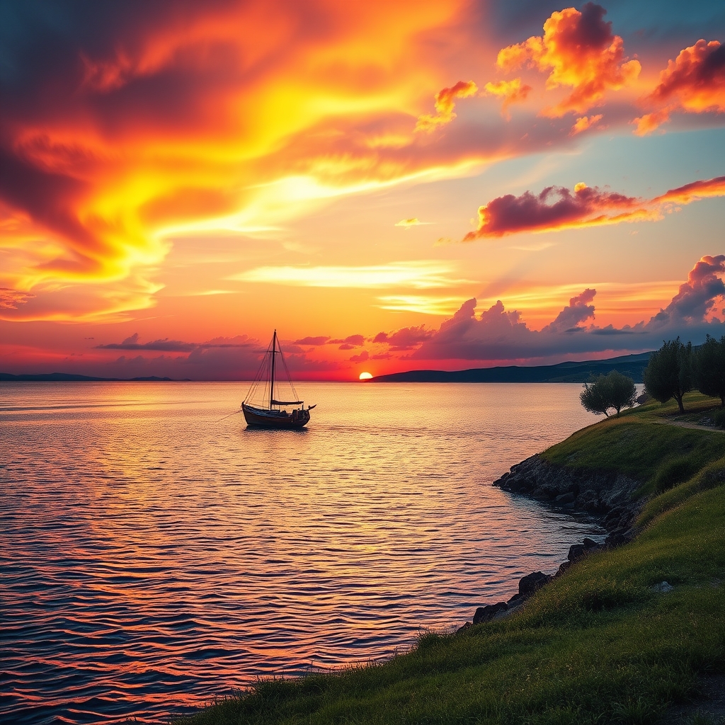 A breathtaking sunset over the Sea of Galilee with a silhouetted fishing boat, conveying divine majesty and peaceful transcendence.