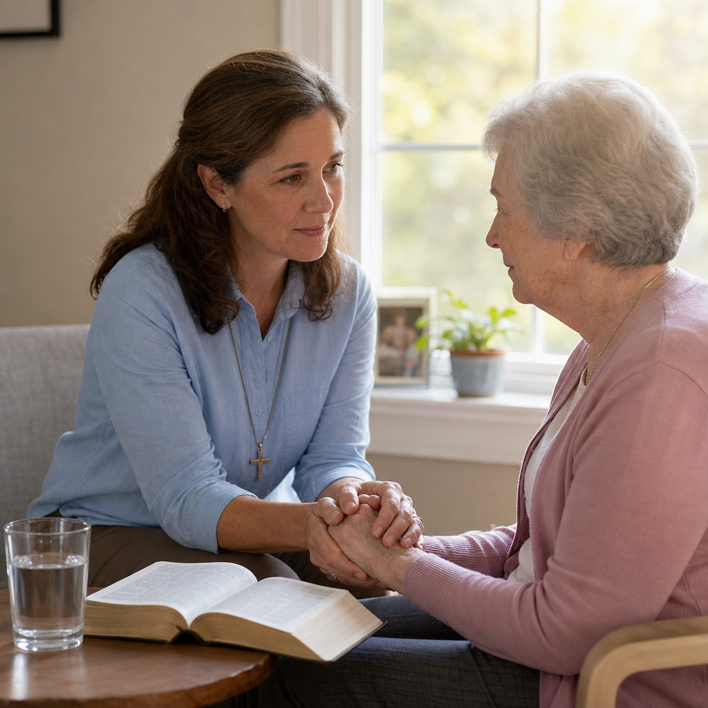 A caregiver comforts an elderly person beside an open Bible and glass of water.