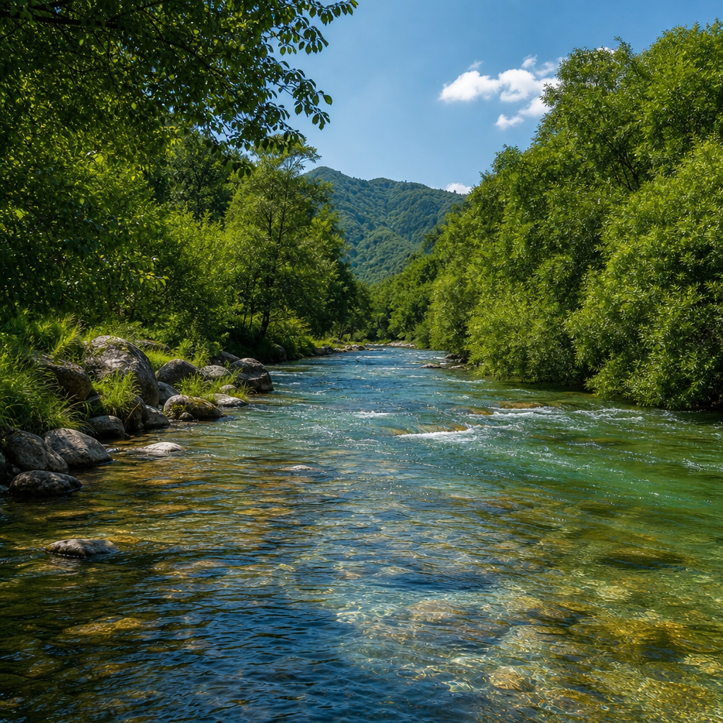 A clear river flowing through a peaceful green landscape.