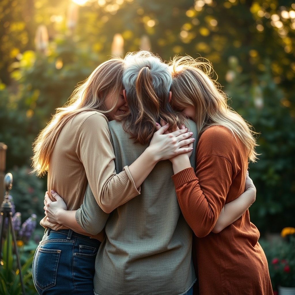 A close-knit group of three friends sharing an emotional embrace in a sunlit garden, symbolizing deep mutual support.