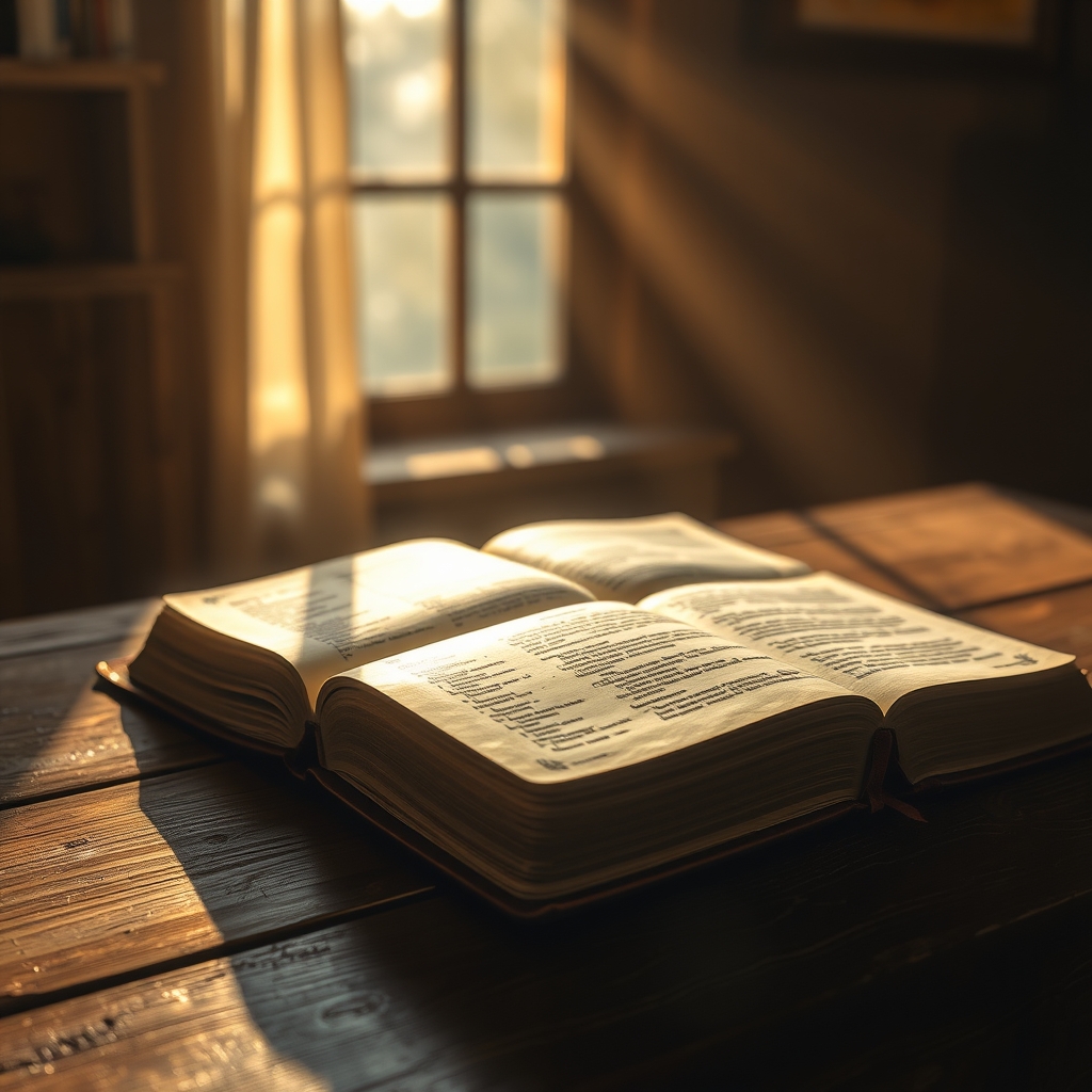 A close-up of an open Bible on a wooden table, illuminated by warm sunlight.