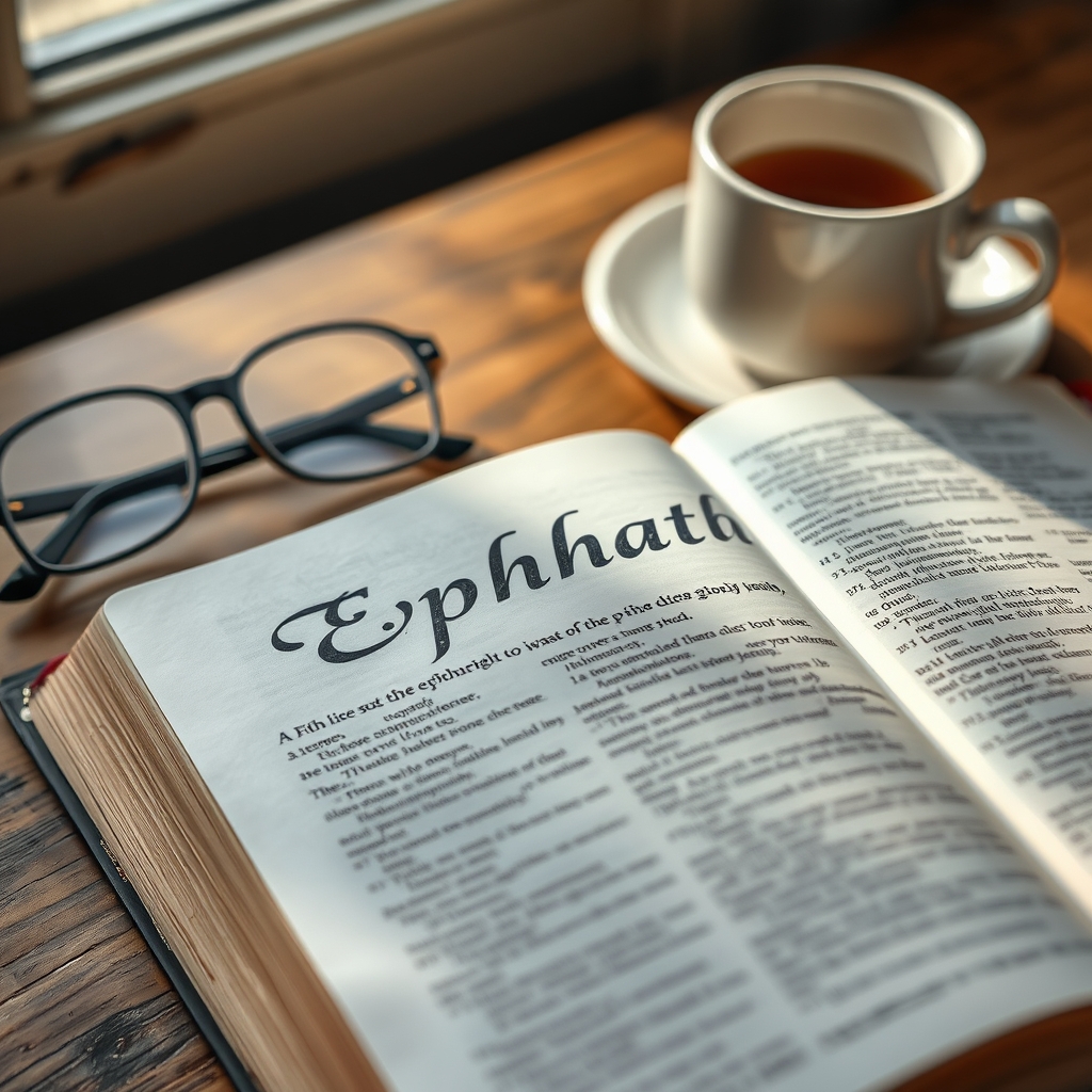 A close-up of an open Bible with the word 'Ephphatha' visible on the page, resting on a wooden table with soft natural lighting.