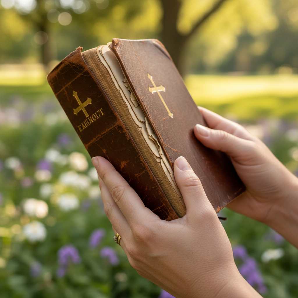 A close-up of hands holding a worn Bible, with soft lighting and a peaceful background.