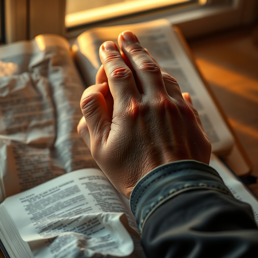 A close-up of two clasped human hands in prayer beside a well-worn Bible in warm golden light.