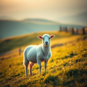 A close-up photorealistic image of a lost sheep standing alone on a grassy hillside under gentle morning sunlight, evoking a reflective and hopeful atmosphere as described in the lost sheep parable.