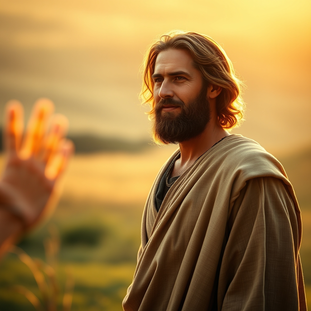 A compassionate figure extending a comforting, invitational hand in warm, golden-hour light, conveying grace and hope symbolizing Jesus' redemptive mission.