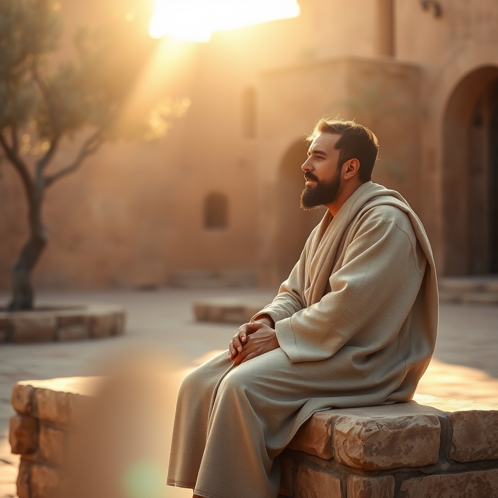 A compassionate man gently touching the ears of another man in a sunlit ancient courtyard, symbolizing the healing of a deaf and mute man from Mark 7:31-37.