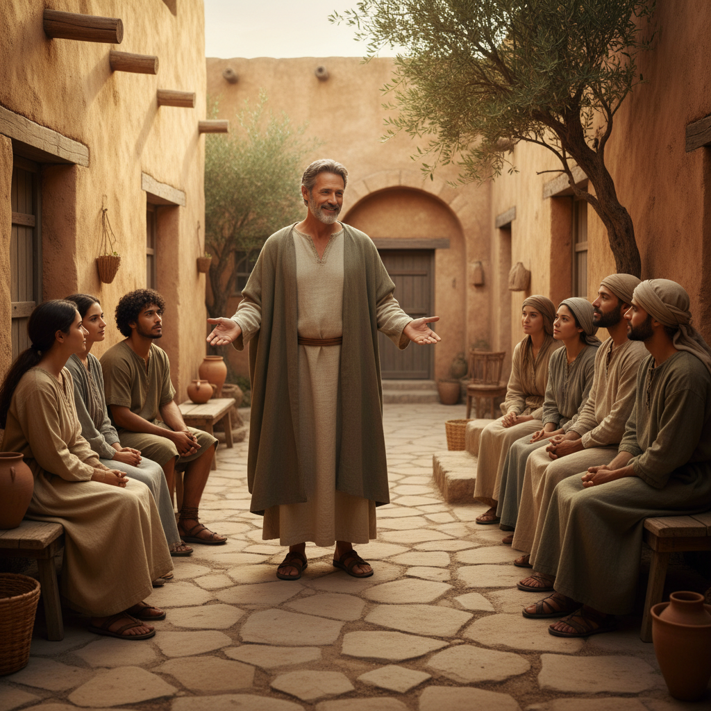 A compassionate man in modest clothing gesturing warmly toward a small group of attentive listeners in a sunlit village courtyard.