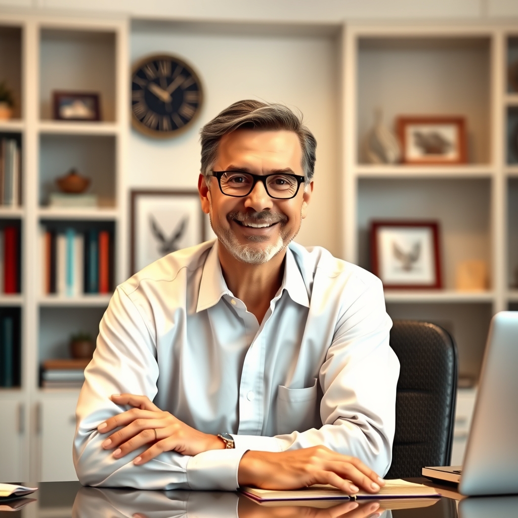 A compassionate pastor or teacher looking warmly and directly at the camera in a modern study.