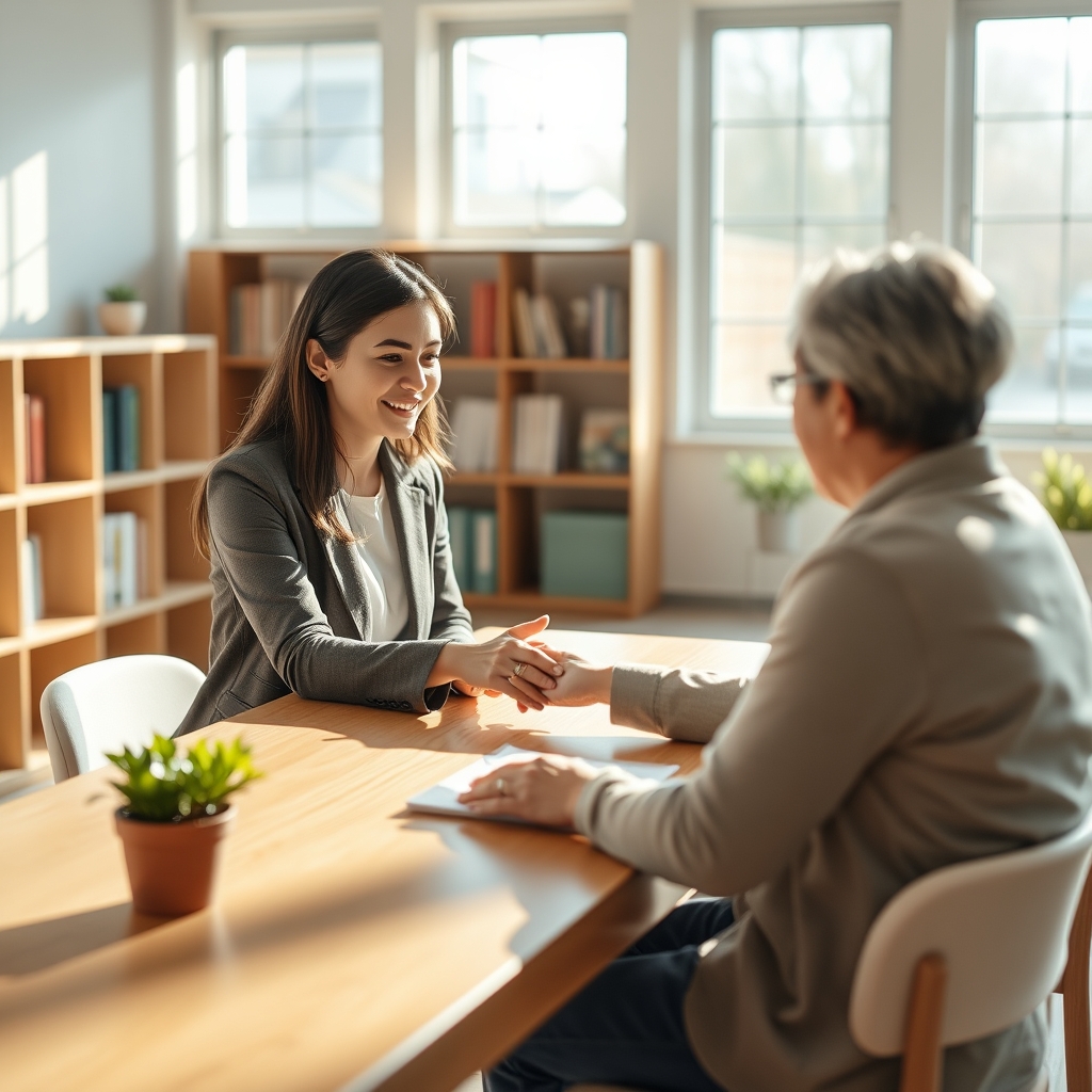 A compassionate woman gently holding the hand of someone in need across a wooden table in a bright community center.
