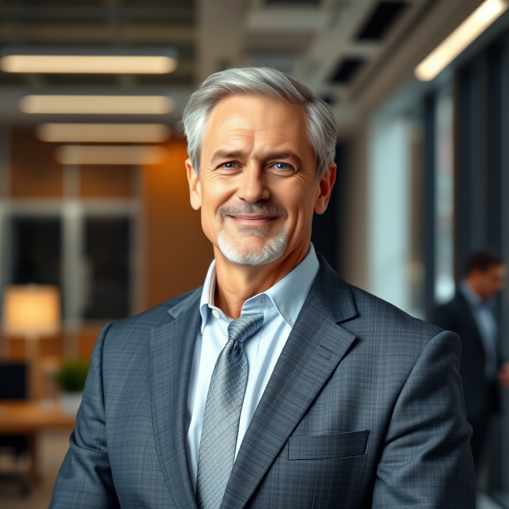 A confident professional man in a suit standing in a blurred office environment.