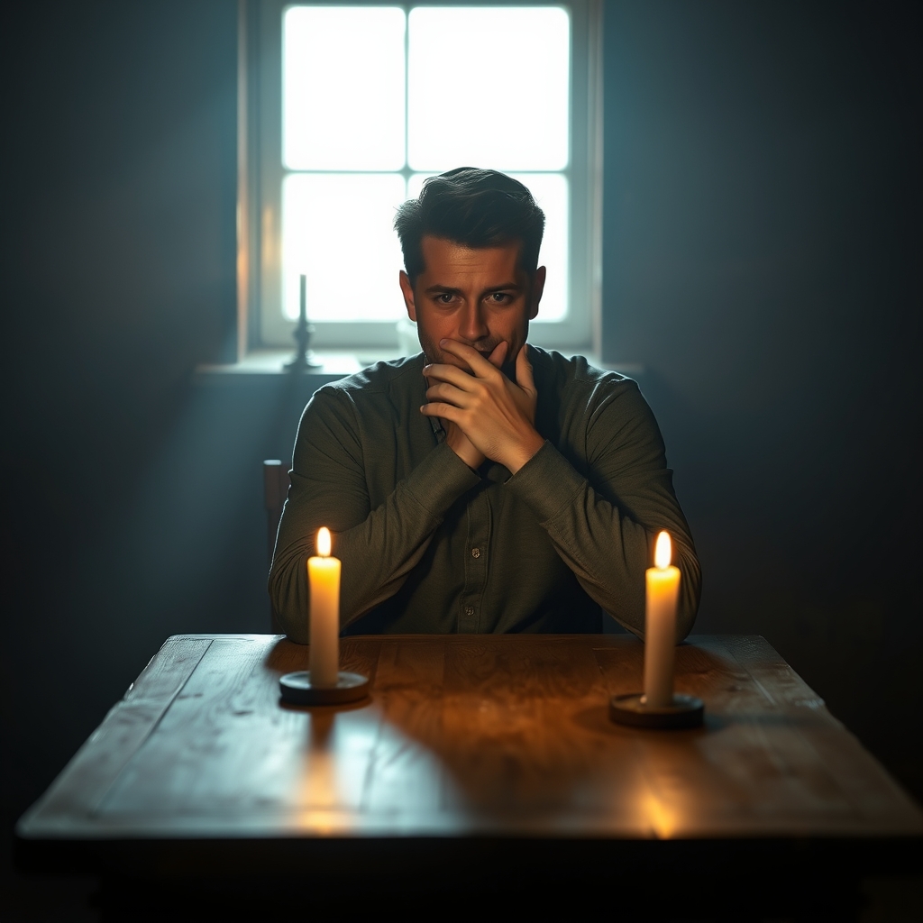 A contemplative man alone at a wooden table in a dimly lit room, showing awe and disbelief in candlelight, representing Thomas's journey from doubt to belief.